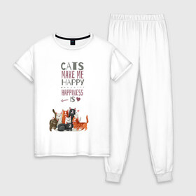 Женская пижама хлопок с принтом Кошки делают меня счастливым в Белгороде, 100% хлопок | брюки и футболка прямого кроя, без карманов, на брюках мягкая резинка на поясе и по низу штанин | cat | cats | cats make me happy | happiness is | kitty | животное | животные | звери | зверь | кот | коты | котята | котятки | кошки | кошки делают меня счастливым | мур | надпись | сердечко | сердце | хищники
