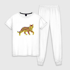 Женская пижама хлопок с принтом Бенгальский кот в Белгороде, 100% хлопок | брюки и футболка прямого кроя, без карманов, на брюках мягкая резинка на поясе и по низу штанин | bengal | cat | color | colorful | kitten | kitty | puss | pussycat | tiger | vivid | бенгал | бенгальская | грация | киса | киска | кот | котенок | котик | кошатник | кошатница | кошка | леопард | леопардовая | люблю котов | малайзия