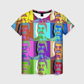 Женская футболка 3D с принтом Stalin pop-art в Белгороде, 100% полиэфир ( синтетическое хлопкоподобное полотно) | прямой крой, круглый вырез горловины, длина до линии бедер | chief | color | eyes | moustache | pop art | stalin | view | взгляд | вождь | глаза | поп  арт | сталин | усы | цвет