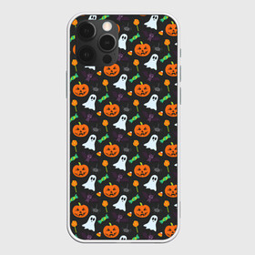 Чехол для iPhone 12 Pro с принтом Праздничный хэллоуин в Белгороде, силикон | область печати: задняя сторона чехла, без боковых панелей | арт | белое | джек | зеленый | конфеты | оранжевые | привидение | рисунок | светильник джека | свеча | сладкое | тёмное | тыква | тыквы | фиолетовое | фонарь джека | хэллоуин