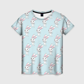 Женская футболка 3D с принтом Милый кролик в Белгороде, 100% полиэфир ( синтетическое хлопкоподобное полотно) | прямой крой, круглый вырез горловины, длина до линии бедер | арт | белый | зайцы | зайчик | зайчики | заяц | кролик | кролики | рисунок | розовый | синий