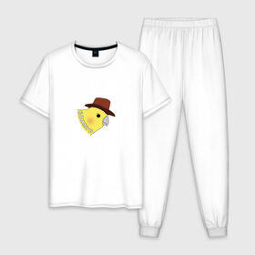 Мужская пижама хлопок с принтом Бонжур в Белгороде, 100% хлопок | брюки и футболка прямого кроя, без карманов, на брюках мягкая резинка на поясе и по низу штанин
 | mem | бонжур | мем | попугай | попугай в шляпе | прикол | птица | стикер | юмор