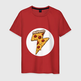Мужская футболка хлопок с принтом PIZZA-HERO в Белгороде, 100% хлопок | прямой крой, круглый вырез горловины, длина до линии бедер, слегка спущенное плечо. | Тематика изображения на принте: flash | food | hero | pizza | shaldon | еда | коммиксы | молния | пиццабгерой | фастфуд. | флэш | шелдон
