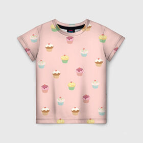 Детская футболка 3D с принтом Кексики в Белгороде, 100% гипоаллергенный полиэфир | прямой крой, круглый вырез горловины, длина до линии бедер, чуть спущенное плечо, ткань немного тянется | арт | выпечка | глазурь | еда | кекс | кексики | кексы | начинка | нежные цвета | рисунок | розовый | сладости | сладость
