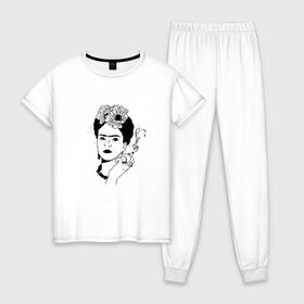 Женская пижама хлопок с принтом Фрида Кало в Белгороде, 100% хлопок | брюки и футболка прямого кроя, без карманов, на брюках мягкая резинка на поясе и по низу штанин | Тематика изображения на принте: 