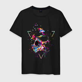 Мужская футболка хлопок с принтом Skull в Белгороде, 100% хлопок | прямой крой, круглый вырез горловины, длина до линии бедер, слегка спущенное плечо. | bird | blot | color | neon | paint | skull | triangle | клякса | краска | неон | птица | треугольник | цвет | череп