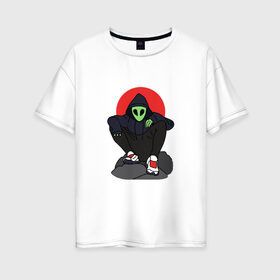 Женская футболка хлопок Oversize с принтом Alien в Белгороде, 100% хлопок | свободный крой, круглый ворот, спущенный рукав, длина до линии бедер
 | alien | ufo | арт | инопланетянин | капюшон | крутой | модный | пришелец | рисунок | человек | япония