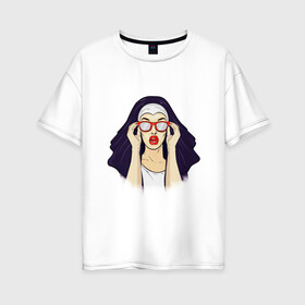Женская футболка хлопок Oversize с принтом Монашка в Белгороде, 100% хлопок | свободный крой, круглый ворот, спущенный рукав, длина до линии бедер
 | губы | женщина | иллюстрация | монашка | очки | язык