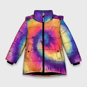 Зимняя куртка для девочек 3D с принтом TIE-DYE MULTICOLOR в Белгороде, ткань верха — 100% полиэстер; подклад — 100% полиэстер, утеплитель — 100% полиэстер. | длина ниже бедра, удлиненная спинка, воротник стойка и отстегивающийся капюшон. Есть боковые карманы с листочкой на кнопках, утяжки по низу изделия и внутренний карман на молнии. 

Предусмотрены светоотражающий принт на спинке, радужный светоотражающий элемент на пуллере молнии и на резинке для утяжки. | dye | multicolor | tie | trend | акварель | брызги | градиент | дай | колор | краски | красочная | мульти | потёки | пятна | радуга | радужная | тай | тайдай | текстура | тренд | хиппи