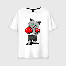 Женская футболка хлопок Oversize с принтом БоксерКотэ в Белгороде, 100% хлопок | свободный крой, круглый ворот, спущенный рукав, длина до линии бедер
 | бокс | домашние животные | кот | кошки | спортсмену | юмор
