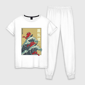 Женская пижама хлопок с принтом Dragons Surfing в Белгороде, 100% хлопок | брюки и футболка прямого кроя, без карманов, на брюках мягкая резинка на поясе и по низу штанин | big | great | hokusai | japan | japanese | kanagawa | kanji | retrowave | style | wave | большая | вапорвейв | великая | волна | дракон | дракончики | драконы | иероглифы | канагава | кандзи | паровая волна | ретровейв | серф | серфиг | стил