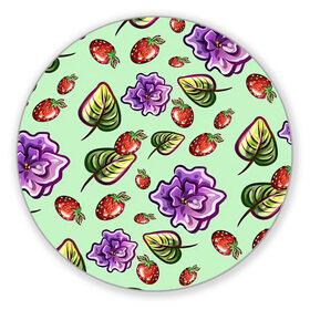 Коврик для мышки круглый с принтом Роза и земляника в Белгороде, резина и полиэстер | круглая форма, изображение наносится на всю лицевую часть | арт | зеленый | земляника | красный | листок | листья | рисунок | роза | розы | салатовый | фиолетовая роза | фиолетовые розы | фиолетовый | цветок | цветы | ягода | ягоды