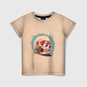 Детская футболка 3D с принтом Череп в Белгороде, 100% гипоаллергенный полиэфир | прямой крой, круглый вырез горловины, длина до линии бедер, чуть спущенное плечо, ткань немного тянется | бежевая | прикольная | принт | ромео и джульетта | скелет | череп | черепа
