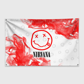 Флаг-баннер с принтом NIRVANA / НИРВАНА в Белгороде, 100% полиэстер | размер 67 х 109 см, плотность ткани — 95 г/м2; по краям флага есть четыре люверса для крепления | band | cobain | face | kurt | logo | music | nirvana | rock | rocknroll | группа | кобейн | курт | лого | логотип | музыка | музыкальная | нирвана | рожица | рок | рокнролл | символ