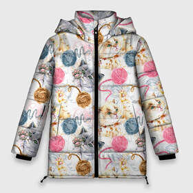Женская зимняя куртка 3D с принтом Милые котики с клубками пряжи в Белгороде, верх — 100% полиэстер; подкладка — 100% полиэстер; утеплитель — 100% полиэстер | длина ниже бедра, силуэт Оверсайз. Есть воротник-стойка, отстегивающийся капюшон и ветрозащитная планка. 

Боковые карманы с листочкой на кнопках и внутренний карман на молнии | Тематика изображения на принте: абстракция | клубок | кот | котик | коты | кошка | кошки | линия | милота | милые | милый | мяу | нейтральная | пряжа | стиль | текстуры | узоры