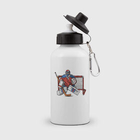Бутылка спортивная с принтом Хоккейный вратарь в Белгороде, металл | емкость — 500 мл, в комплекте две пластиковые крышки и карабин для крепления | 
