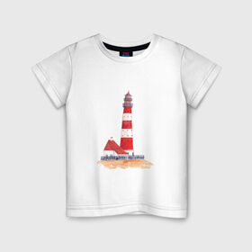 Детская футболка хлопок с принтом Маяк в Белгороде, 100% хлопок | круглый вырез горловины, полуприлегающий силуэт, длина до линии бедер | архитектура | белый | дом | забор | красный | крыша | маяк | окно | песок | полосы | свет | спасение