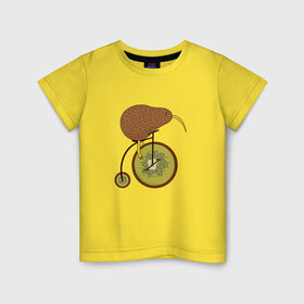 Детская футболка хлопок с принтом Киви на велосипеде в Белгороде, 100% хлопок | круглый вырез горловины, полуприлегающий силуэт, длина до линии бедер | bike | bird | birds | circus | cute | fruit | funny | kiwi | байк | берд | большое колесо | в разрезе | клюв | милая | милота | не достает до педалей | пополам | прикол | природа | птичка | с большим колесом | смешная | фрукт | 