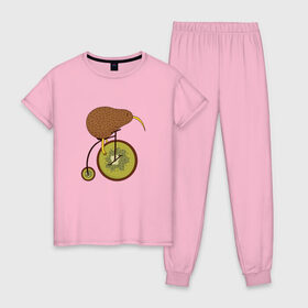 Женская пижама хлопок с принтом Киви на велосипеде в Белгороде, 100% хлопок | брюки и футболка прямого кроя, без карманов, на брюках мягкая резинка на поясе и по низу штанин | bike | bird | birds | circus | cute | fruit | funny | kiwi | байк | берд | большое колесо | в разрезе | клюв | милая | милота | не достает до педалей | пополам | прикол | природа | птичка | с большим колесом | смешная | фрукт | 
