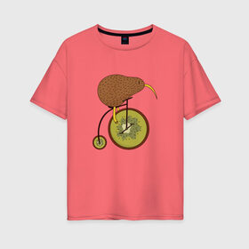Женская футболка хлопок Oversize с принтом Киви на велосипеде в Белгороде, 100% хлопок | свободный крой, круглый ворот, спущенный рукав, длина до линии бедер
 | bike | bird | birds | circus | cute | fruit | funny | kiwi | байк | берд | большое колесо | в разрезе | клюв | милая | милота | не достает до педалей | пополам | прикол | природа | птичка | с большим колесом | смешная | фрукт | 