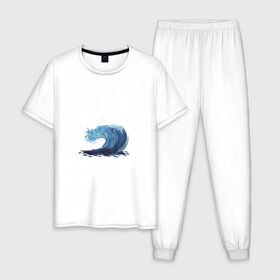 Мужская пижама хлопок с принтом Морская волна в Белгороде, 100% хлопок | брюки и футболка прямого кроя, без карманов, на брюках мягкая резинка на поясе и по низу штанин
 | брызги | вода | волна | море | океан | синий | шторм