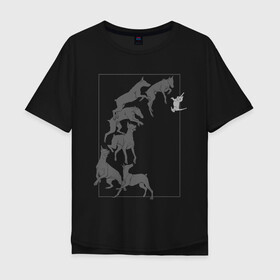 Мужская футболка хлопок Oversize с принтом Доберманы в Белгороде, 100% хлопок | свободный крой, круглый ворот, “спинка” длиннее передней части | dogs | графика | движение | доберман | композиция | котенок | рамка | собаки