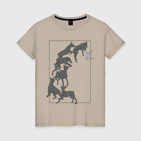 Женская футболка хлопок с принтом Доберманы в Белгороде, 100% хлопок | прямой крой, круглый вырез горловины, длина до линии бедер, слегка спущенное плечо | dogs | графика | движение | доберман | композиция | котенок | рамка | собаки