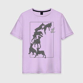 Женская футболка хлопок Oversize с принтом Доберманы в Белгороде, 100% хлопок | свободный крой, круглый ворот, спущенный рукав, длина до линии бедер
 | dogs | графика | движение | доберман | композиция | котенок | рамка | собаки