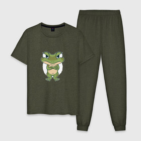 Мужская пижама хлопок с принтом Сердитый лягушонок в Белгороде, 100% хлопок | брюки и футболка прямого кроя, без карманов, на брюках мягкая резинка на поясе и по низу штанин
 | angry | bite | bites | cute | frog | froggy | frogs | grumpy | paw | paws | братец | возмущение | забавный | земноводное | земноводные | ква | лапка | лапки | лягушка | милота | милый | недовольный | обиделся | обижулька | сердится