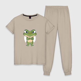 Женская пижама хлопок с принтом Сердитый лягушонок в Белгороде, 100% хлопок | брюки и футболка прямого кроя, без карманов, на брюках мягкая резинка на поясе и по низу штанин | Тематика изображения на принте: angry | bite | bites | cute | frog | froggy | frogs | grumpy | paw | paws | братец | возмущение | забавный | земноводное | земноводные | ква | лапка | лапки | лягушка | милота | милый | недовольный | обиделся | обижулька | сердится