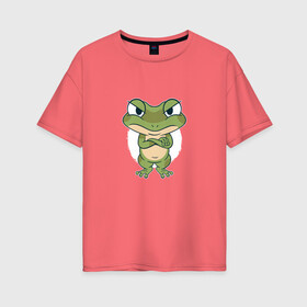 Женская футболка хлопок Oversize с принтом Сердитый лягушонок в Белгороде, 100% хлопок | свободный крой, круглый ворот, спущенный рукав, длина до линии бедер
 | Тематика изображения на принте: angry | bite | bites | cute | frog | froggy | frogs | grumpy | paw | paws | братец | возмущение | забавный | земноводное | земноводные | ква | лапка | лапки | лягушка | милота | милый | недовольный | обиделся | обижулька | сердится