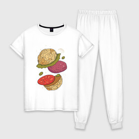 Женская пижама хлопок с принтом Луна бургер в Белгороде, 100% хлопок | брюки и футболка прямого кроя, без карманов, на брюках мягкая резинка на поясе и по низу штанин | burger | food | funny | galaxy | hamburger | illustration | joke | moon | planet | space | start | булочки | в разрезе | галактика | гамбургер | гриль | еда | звезды | иллюстрация | космос | котлета | лист | оливки | планета | прикол | разрез | 