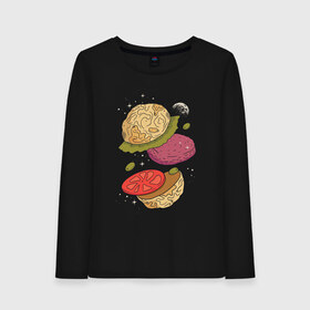Женский лонгслив хлопок с принтом Луна бургер в Белгороде, 100% хлопок |  | burger | food | funny | galaxy | hamburger | illustration | joke | moon | planet | space | start | булочки | в разрезе | галактика | гамбургер | гриль | еда | звезды | иллюстрация | космос | котлета | лист | оливки | планета | прикол | разрез | 