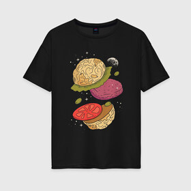 Женская футболка хлопок Oversize с принтом Луна бургер в Белгороде, 100% хлопок | свободный крой, круглый ворот, спущенный рукав, длина до линии бедер
 | burger | food | funny | galaxy | hamburger | illustration | joke | moon | planet | space | start | булочки | в разрезе | галактика | гамбургер | гриль | еда | звезды | иллюстрация | космос | котлета | лист | оливки | планета | прикол | разрез | 