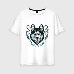 Женская футболка хлопок Oversize с принтом Хаски в Белгороде, 100% хлопок | свободный крой, круглый ворот, спущенный рукав, длина до линии бедер
 | волк | друг человека | зима | лайка | маламут | пес | питомец | север | сибирь | снег | собака | собачка | хаски | хатико | щенок