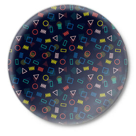 Значок с принтом ГЕОМЕТРИЧЕСКИЕ ФИГУРЫ в Белгороде,  металл | круглая форма, металлическая застежка в виде булавки | геометрия | квадрат | круг | прямоугольник | разноцветный | текстуры | треугольник | узор | фигуры
