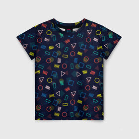 Детская футболка 3D с принтом ГЕОМЕТРИЧЕСКИЕ ФИГУРЫ в Белгороде, 100% гипоаллергенный полиэфир | прямой крой, круглый вырез горловины, длина до линии бедер, чуть спущенное плечо, ткань немного тянется | геометрия | квадрат | круг | прямоугольник | разноцветный | текстуры | треугольник | узор | фигуры