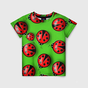 Детская футболка 3D с принтом Божьи коровки в Белгороде, 100% гипоаллергенный полиэфир | прямой крой, круглый вырез горловины, длина до линии бедер, чуть спущенное плечо, ткань немного тянется | божья коровка | брошки | гиганты | зеленая | зелень | картина | корова | красная | летняя тематика | насекомые | позитив | фауна | флора | юмор