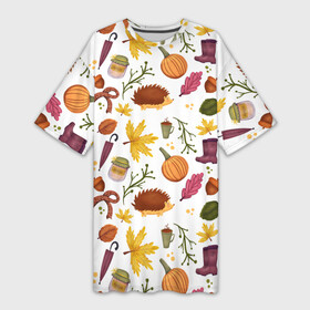 Платье-футболка 3D с принтом Уют, ежи, листья и банка варенья в Белгороде,  |  | home | hygge | домашний | зонтик | малина | минимализм | осень | хюгге