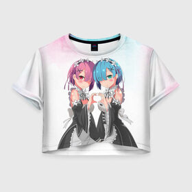 Женская футболка Crop-top 3D с принтом Re:Zero, Рам и Рем в Белгороде, 100% полиэстер | круглая горловина, длина футболки до линии талии, рукава с отворотами | ram | re zero | re:zero | re:zero starting life in another world | re:zero жизнь с нуля в альтернативном мире | rem | аниме | жизнь с нуля в другом мире | манга | рам и рем