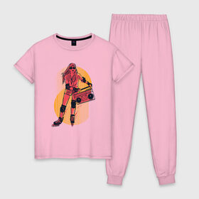 Женская пижама хлопок с принтом Roller Girl в Белгороде, 100% хлопок | брюки и футболка прямого кроя, без карманов, на брюках мягкая резинка на поясе и по низу штанин | 80s | 80е | 90s | 90е | fashion | miami | phone | retro | rollergirl | rollers | skate | style | vintage | винтаж | восьмидесятые | девочка | девушка | женщина | кассета | кассетный | магнитофон | мода | ретро | ролики | роллер | 