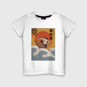Детская футболка хлопок с принтом Samurai Surfing в Белгороде, 100% хлопок | круглый вырез горловины, полуприлегающий силуэт, длина до линии бедер | art | big | great | hokusai | illustration | japan | japanese | kanagawa | retrowave | sumo | surf | tsunami | vaportave | wave | yamato | гравюра | иллюстрация | искусство | самурай | серфинг | сумо | укиё э | цунами | ямато э | япония | японс