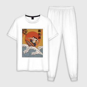 Мужская пижама хлопок с принтом Samurai Surfing в Белгороде, 100% хлопок | брюки и футболка прямого кроя, без карманов, на брюках мягкая резинка на поясе и по низу штанин
 | art | big | great | hokusai | illustration | japan | japanese | kanagawa | retrowave | sumo | surf | tsunami | vaportave | wave | yamato | гравюра | иллюстрация | искусство | самурай | серфинг | сумо | укиё э | цунами | ямато э | япония | японс