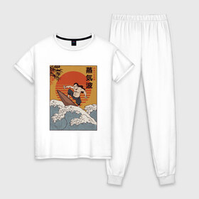 Женская пижама хлопок с принтом Samurai Surfing в Белгороде, 100% хлопок | брюки и футболка прямого кроя, без карманов, на брюках мягкая резинка на поясе и по низу штанин | art | big | great | hokusai | illustration | japan | japanese | kanagawa | retrowave | sumo | surf | tsunami | vaportave | wave | yamato | гравюра | иллюстрация | искусство | самурай | серфинг | сумо | укиё э | цунами | ямато э | япония | японс