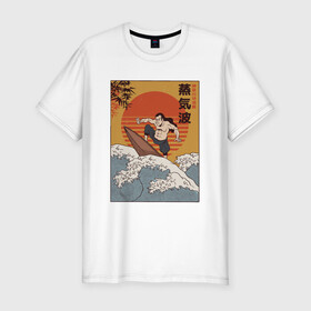 Мужская футболка хлопок Slim с принтом Samurai Surfing в Белгороде, 92% хлопок, 8% лайкра | приталенный силуэт, круглый вырез ворота, длина до линии бедра, короткий рукав | art | big | great | hokusai | illustration | japan | japanese | kanagawa | retrowave | sumo | surf | tsunami | vaportave | wave | yamato | гравюра | иллюстрация | искусство | самурай | серфинг | сумо | укиё э | цунами | ямато э | япония | японс