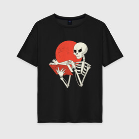 Женская футболка хлопок Oversize с принтом Читающий скелет в Белгороде, 100% хлопок | свободный крой, круглый ворот, спущенный рукав, длина до линии бедер
 | book | dark | death | demon | grim | halloween | horror | reaper | side | skeleton | soul | souls | демон | душ | душа | жнец | книга | мертвых | мистика | мрачный | некрономикон | скелеты | собиратель | темный | ужасы | хоррор | хэлло