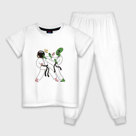 Детская пижама хлопок с принтом Space Karate в Белгороде, 100% хлопок |  брюки и футболка прямого кроя, без карманов, на брюках мягкая резинка на поясе и по низу штанин
 | alien | art | high | kick | арт | астронавт | битва | в шлеме | гери | гири | иллюстрация | инопланетянин | карате | кимоно | космическое | космонавт | космос | маваши | мае гири | маэ гери | межпланетное | нога