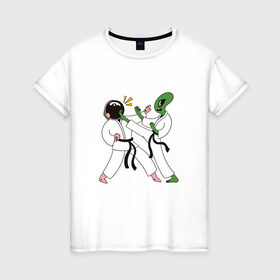 Женская футболка хлопок с принтом Space Karate в Белгороде, 100% хлопок | прямой крой, круглый вырез горловины, длина до линии бедер, слегка спущенное плечо | alien | art | high | kick | арт | астронавт | битва | в шлеме | гери | гири | иллюстрация | инопланетянин | карате | кимоно | космическое | космонавт | космос | маваши | мае гири | маэ гери | межпланетное | нога