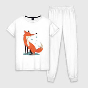 Женская пижама хлопок с принтом Блестящая лисичка в Белгороде, 100% хлопок | брюки и футболка прямого кроя, без карманов, на брюках мягкая резинка на поясе и по низу штанин | art | fox | foxy | paw | paws | red | sparkly | sparks | арт | блики | животное | животные | звездочки | звезды | зверь | иллюстрация | лапки | лес | лесная | лиса | мех | нос | носик | оранжевая | пушистая | рисунок | ушки |