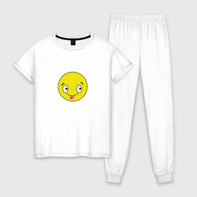 Женская пижама хлопок с принтом Смайлик в Белгороде, 100% хлопок | брюки и футболка прямого кроя, без карманов, на брюках мягкая резинка на поясе и по низу штанин | smile | голова | лицо | милый | позитив | смайл | язык